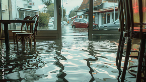 Obraz na płótnie Water fills the interior of the caf, affecting chairs and tables while views of cars outside are partially obstructed by rising flood levels w salonie