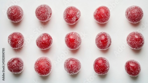 Red frozen cherries on white surface.