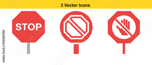 Set of traffic warning signs including no parking and no entry icons in red with white background, designed for safety and caution