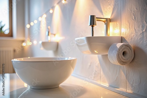 Minimalist Bathroom Interior: White Bowl, Toilet Paper Dispenser, Bokeh