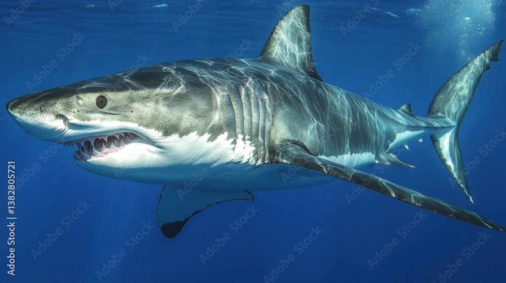 Fototapeta premium A great white shark swims majestically in deep ocean.