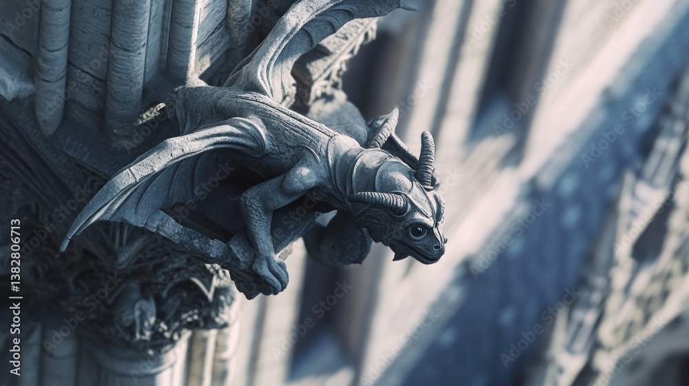 Detailed Stone Gargoyle Statue Perched Atop Old Building Structure