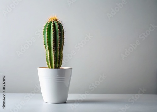 Minimalist Cactus in Small White Pot: Desert Plant Stock Photo
