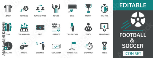 Soccer Icon Set Featuring football, referee, goal, trophy, penalty kick, yellow card, goalkeeper, and more. Ideal for sports apps, websites, infographics, and promotional materials. 