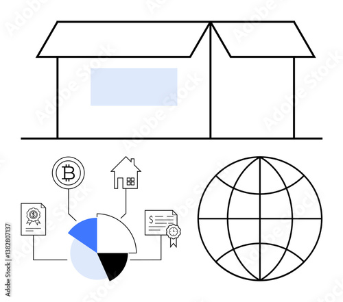 Blockchain elements, home, pie chart, certification documents, and globe visualizing property securitization. Ideal for real estate, technology, investment, decentralization blockchain global