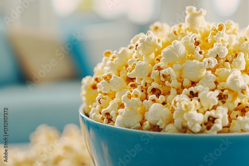 Close-up of fresh popped popcorn in a blue bowl