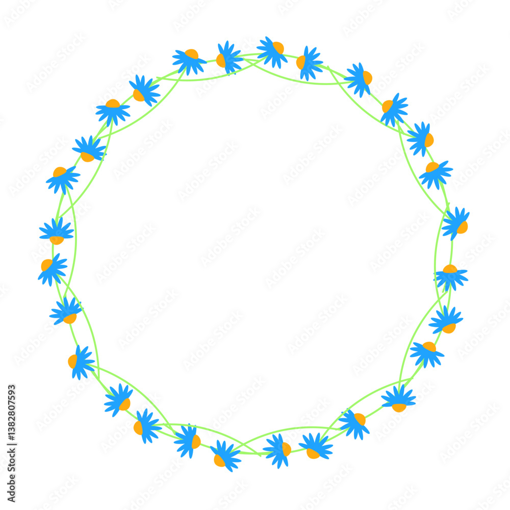 Obraz premium Elegant frame made of floral elements. Delicate spring colors. Round floral frame consisting of delicate green stems and blue flower buds. Wreath of natural elements is isolated on white background.