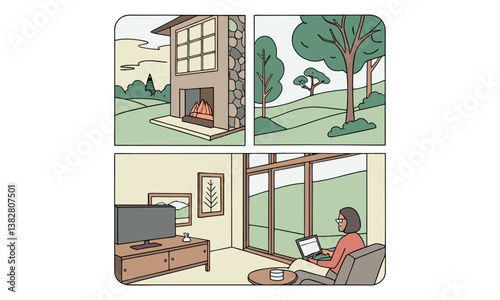 A man and woman sitting at a desk with a boy and girl in a home office, working on a laptop, in a cartoon-style vector illustration