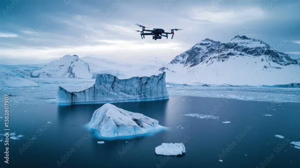 Flying Drone Over Icebergs in Cold Glacier Lake Landscape