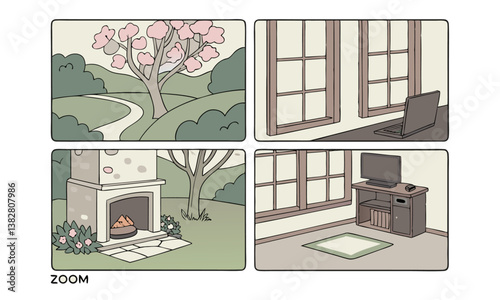 A vector illustration of a cozy room with an old house design featuring furniture, a window, and decor elements like a shelf, table, and door, all set in a front apartment-style space
