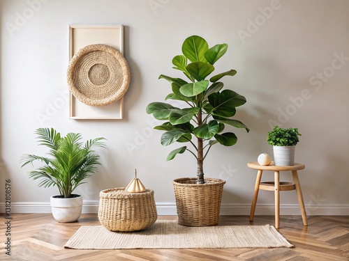 Minimalist Earthy Bedroom Decor: Calming Fiddle Leaf Fig & Textured Baskets
