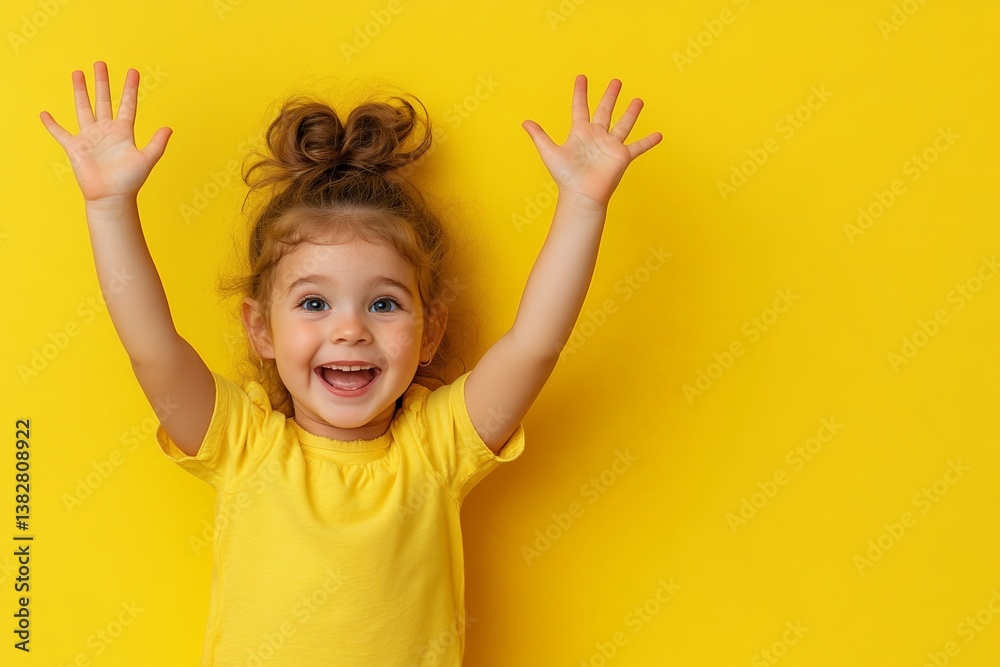 Cheerful caucasian female child in yellow outfit with raised hands against yellow background Cheerful caucasian female child in yellow outfit with raised hands against yellow background