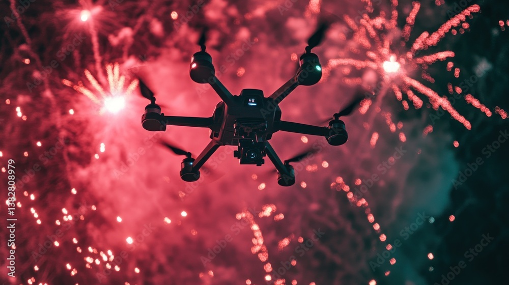 Flying Drone Silhouette with Vibrant Fireworks Display in the Night Sky