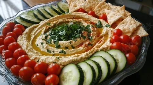 Hummus Platter with Fresh Vegetables and Crackers Ready to Eat