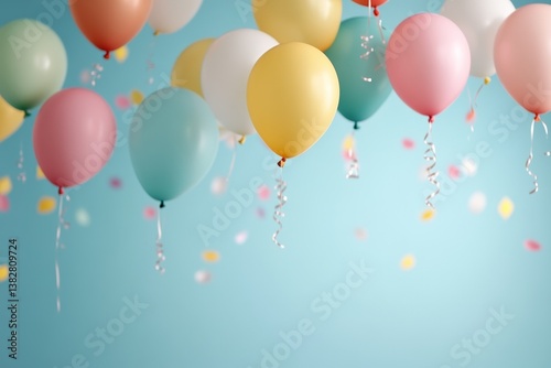 Colorful balloons floating with streamers against a blue background