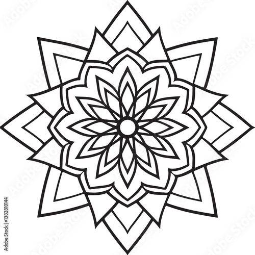 Black and white floral mandala with abstract flower design, featuring intricate patterns and natural elements like leaves and lotus, perfect for decoration and as a logo or wallpaper