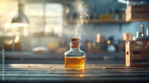 Golden elixir on wooden table