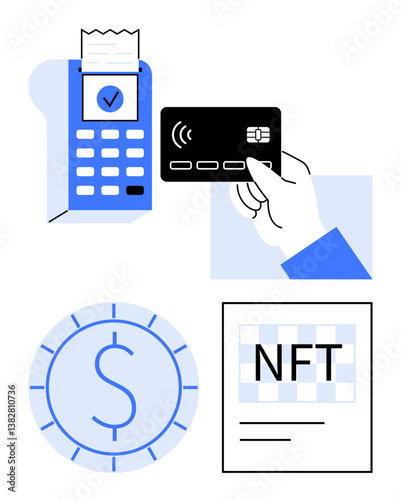 Hand making a contactless payment on a terminal, dollar coin, and NFT document. Ideal for fintech, blockchain, cryptocurrency, payment processing, digital transactions, e-commerce modern economy