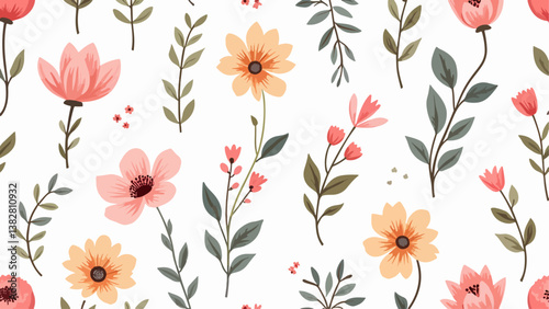 Wallpaper Mural Seamless pattern with flowers, Hand drawn Flowers and branches in Scandinavian style	 Torontodigital.ca