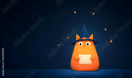 Enchanting Orange Cat in Wizard Hat Holding Blank Sign Against Starry Sky