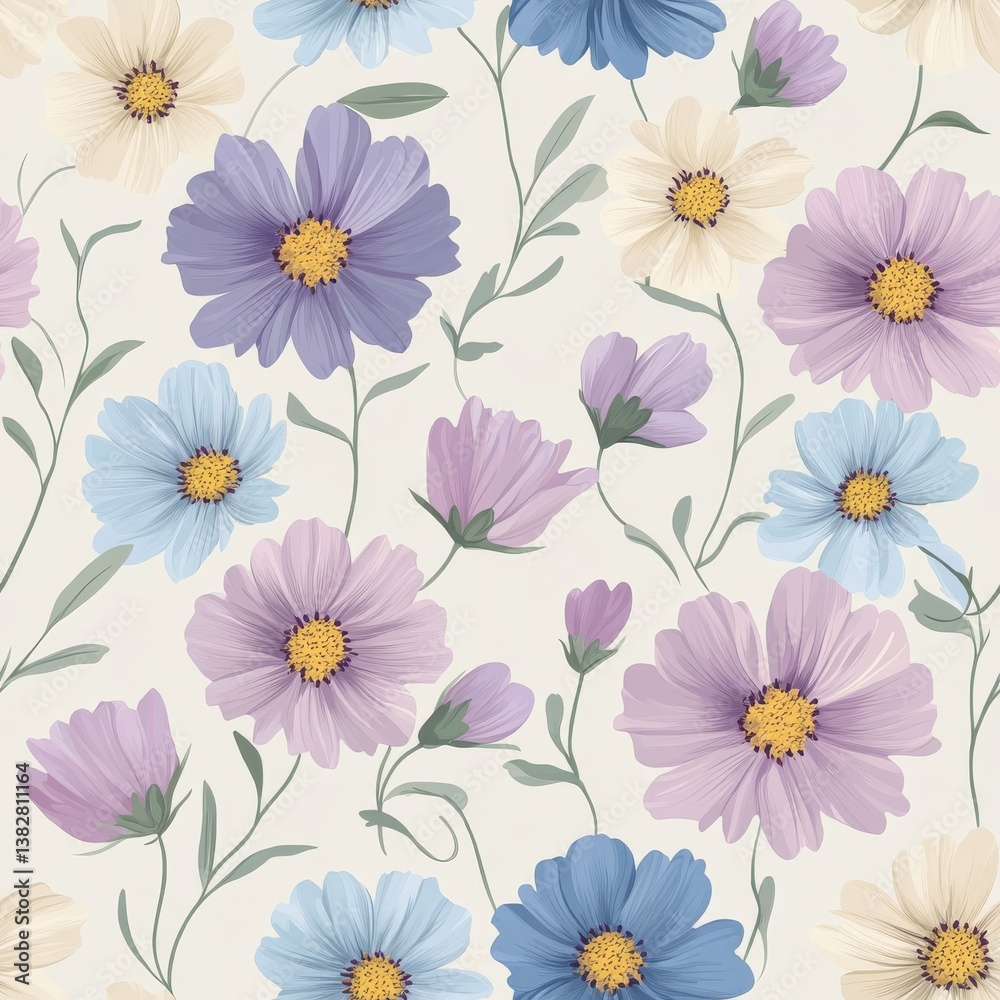 Obraz premium Pastel Cosmos Flowers Seamless Pattern in Blue Purple and White on Cream Background