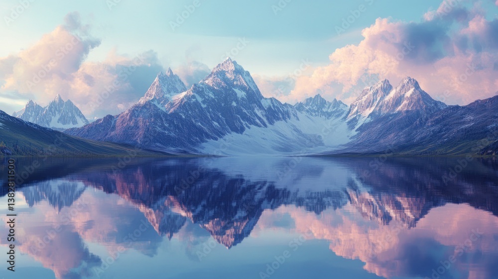 Snowy Mountain Peaks Reflected in Calm Lake Water at Sunset