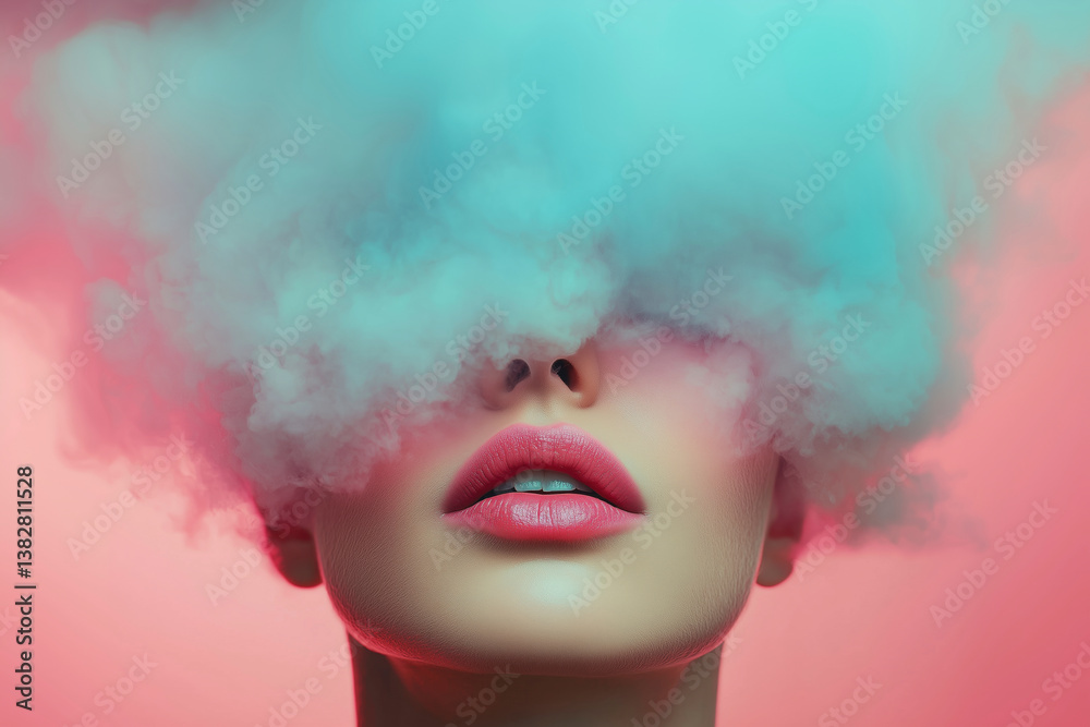 Fototapeta premium Surreal Woman's Face Hidden in a Dreamlike Cloud of Smoke: Abstract Beauty and Enigma