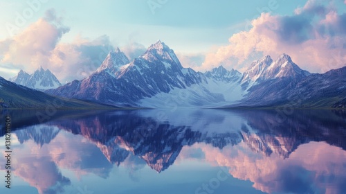 Obraz na płótnie Snowy Mountain Peaks Reflected in Calm Lake Water at Sunset w salonie