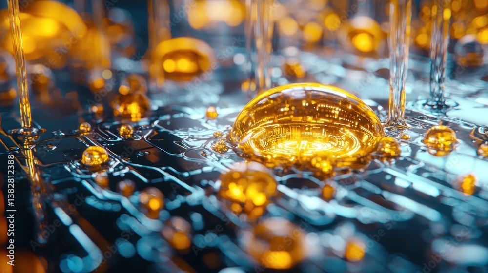 Abstract Golden Liquid Droplets on Futuristic Circuit Board Abstract Golden Liquid Droplets on Futuristic Circuit Board