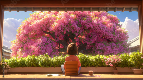 Person Sitting in Cozy Chair on Balcony Enjoying Sakura Tree View