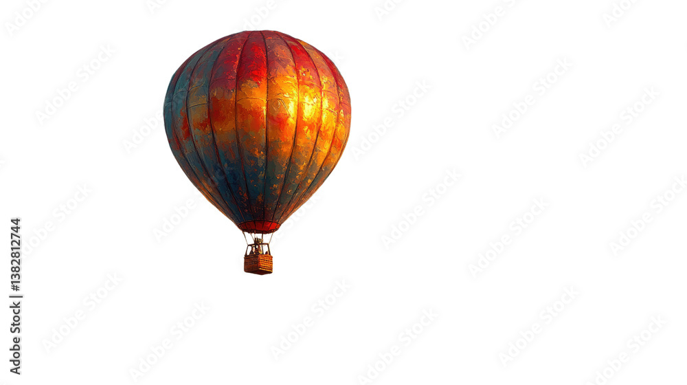 Obraz premium Hot Air Balloon at Dawn: A vibrant hot air balloon, painted in shades of red, orange, and blue, floats gracefully against a clear sky, capturing the warmth of sunrise.