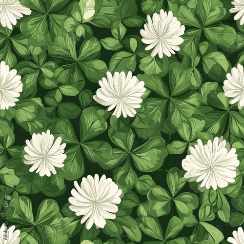Seamless White Flower and Green Clover Leaf Pattern