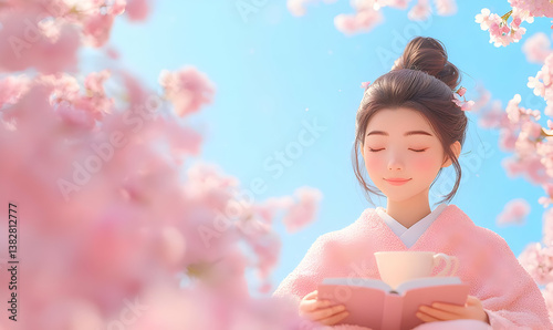 Peaceful Moment Under Cherry Blossom with Tea and Book