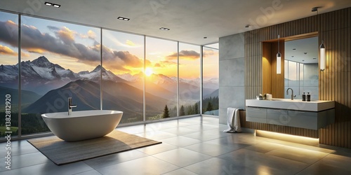 Minimalist Monochromatic Bathroom with Floor-to-Ceiling Windows and Scenic View - Double Exposure Stock Photo