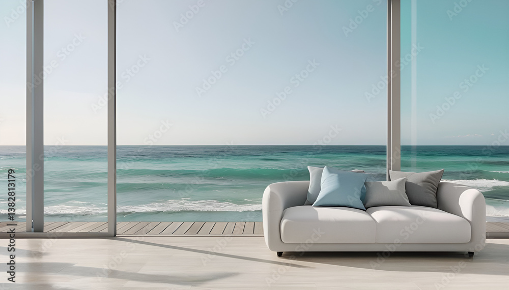 Fototapeta premium Coastal Interior With Gray Sofa And Ocean View 