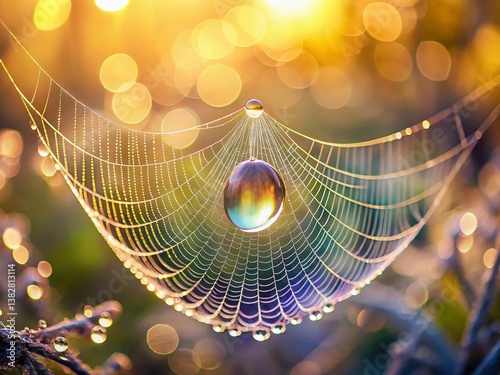 Minimalist Morning Dew Drops on Spiderweb, Nature Photography