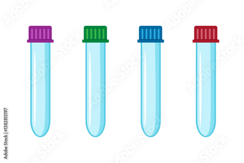Vacutainers test tubes of red, green, blue, violet for blood tests isolated on white background. Vector illustration in flat style.