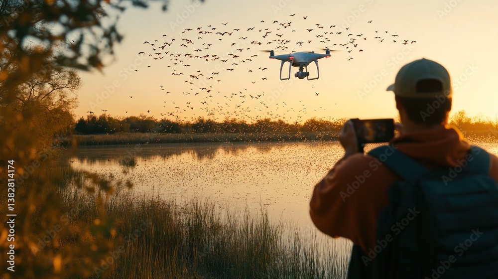 Man Filming Drone with Birds Flying Over Lake at Sunset