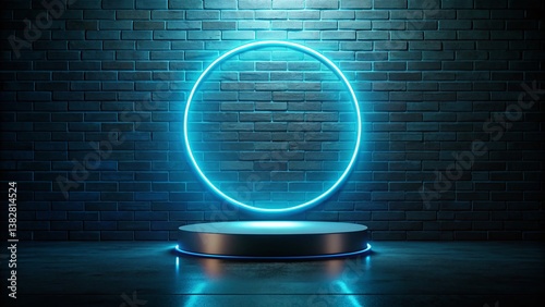 Minimalist Product Display: Empty Podium, Neon Ring Light, Blue Glowing Platform on Dark Brick Wall