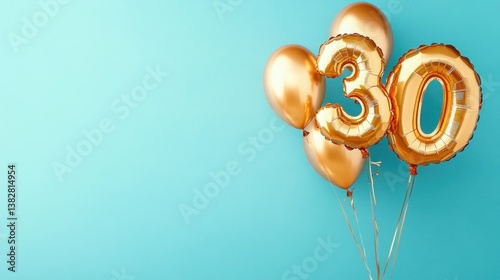 Birthday celebration with gold balloons forming the number 30 against a light teal background.