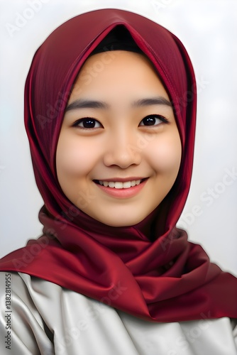 Close-up of a young Asian muslim girl wearing a maroon hijab headscarf