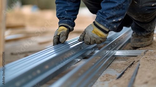 A construction worker installing metal studs at a building site. Featuring expertise and craftsmanship
