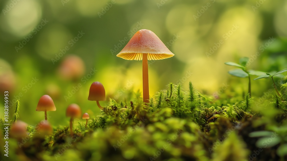 A macro photograph of a tiny mushroom growing among moss, showcasing its delicate cap and stem. A macro photograph of a tiny mushroom growing among moss, showcasing its delicate cap and stem.