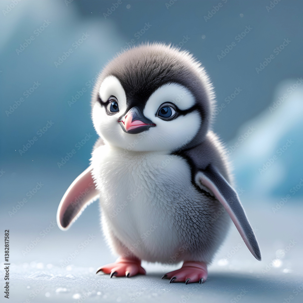 Naklejka premium Fluffy Baby Penguin Perched on Snowy Surface with Big Curious Eyes and Splayed Flippers