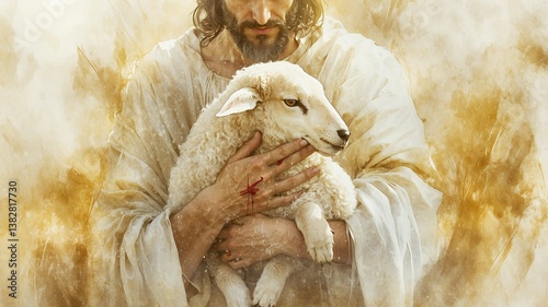 Jesus Christ Holding Lamb Depicting Sacrifice and Faith Spiritual Theme