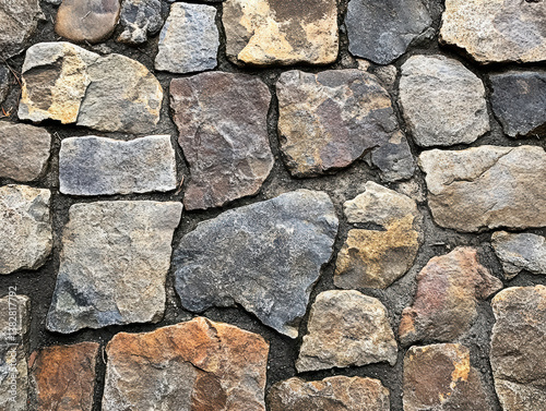 Textured surface of stone pathway, featuring various shapes and colors of stones, creating rustic and natural appearance that evokes sense of durability and timelessness