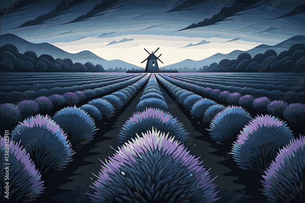 Obraz premium Serene scenic landscapes featuring natural beauty and peaceful scenery in vector and EPS formats. Lavender Field with Mountain and Windmill at Dusk