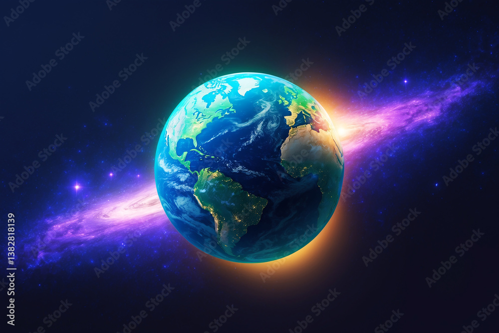 Glowing Earth from space, deep cosmic background, vibrant galaxy lights Glowing Earth from space, deep cosmic background, vibrant galaxy lights