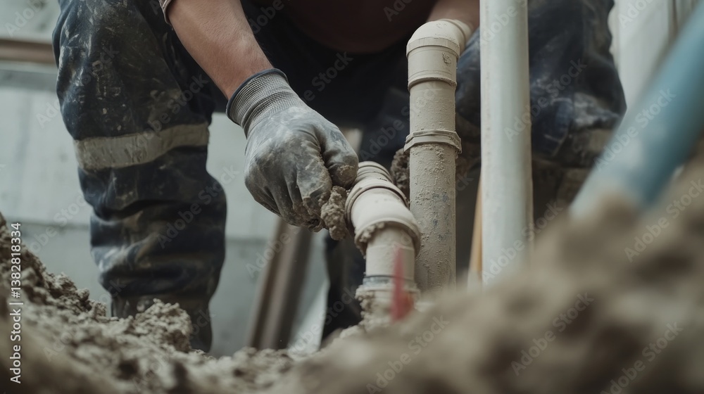 A construction worker installing plumbing pipes under a foundation. Featuring precision and expertise A construction worker installing plumbing pipes under a foundation. Featuring precision and expertise