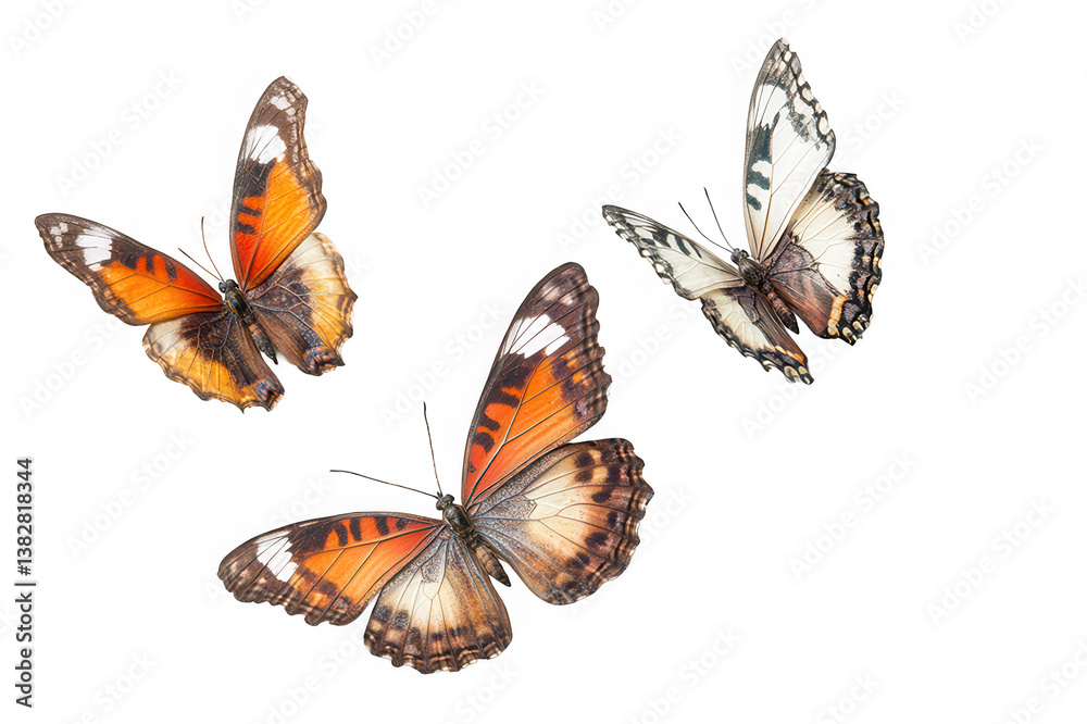 Fototapeta premium Three colorful butterflies flying on white background